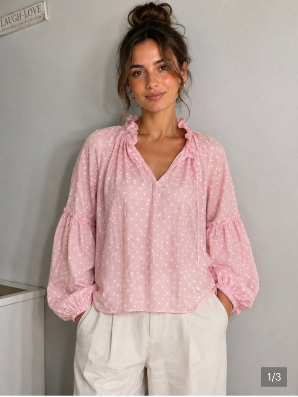 Made In Itaky Polka Dots Oversized Ruffled V-Neck Pink Polka Dot Blouse